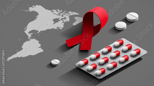 World AIDS Day Isometric Red Ribbon and HIV Awareness Pills with World Map on Dark Background