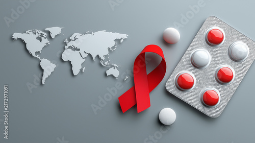 World AIDS Day Isometric Red Ribbon and HIV Awareness Pills with World Map on Dark Background