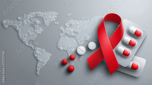 World AIDS Day Isometric Red Ribbon and HIV Awareness Pills with World Map on Dark Background