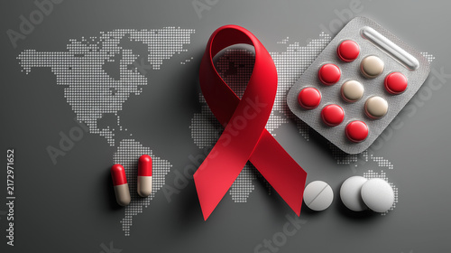 World AIDS Day Isometric Red Ribbon and HIV Awareness Pills with World Map on Dark Background