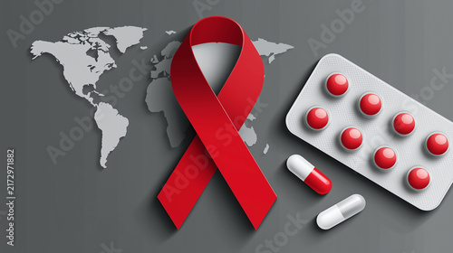 World AIDS Day Isometric Red Ribbon and HIV Awareness Pills with World Map on Dark Background
