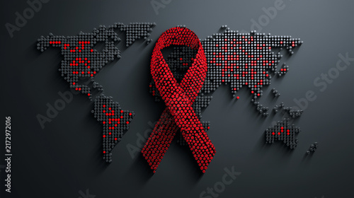 World AIDS Day Poster with Red Ribbon and Abstract 3D Globe on Dark Background