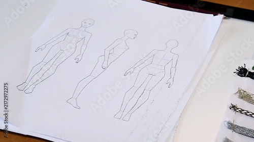 The process of creating and drawing a sketch of a clothing model and fabric selection.