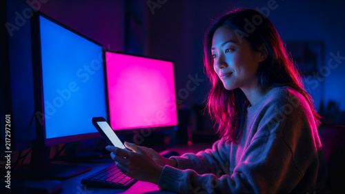 Seasonal sales, portrait Asian-American woman sitting in front of her computer late night, waiting sales to start so she can make online purchase, copy space about Black Friday and online shopping