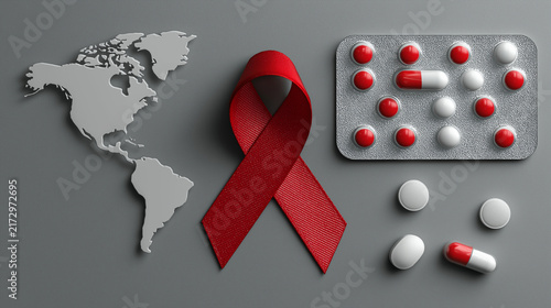World AIDS Day Isometric Red Ribbon and HIV Awareness Pills with World Map on Dark Background