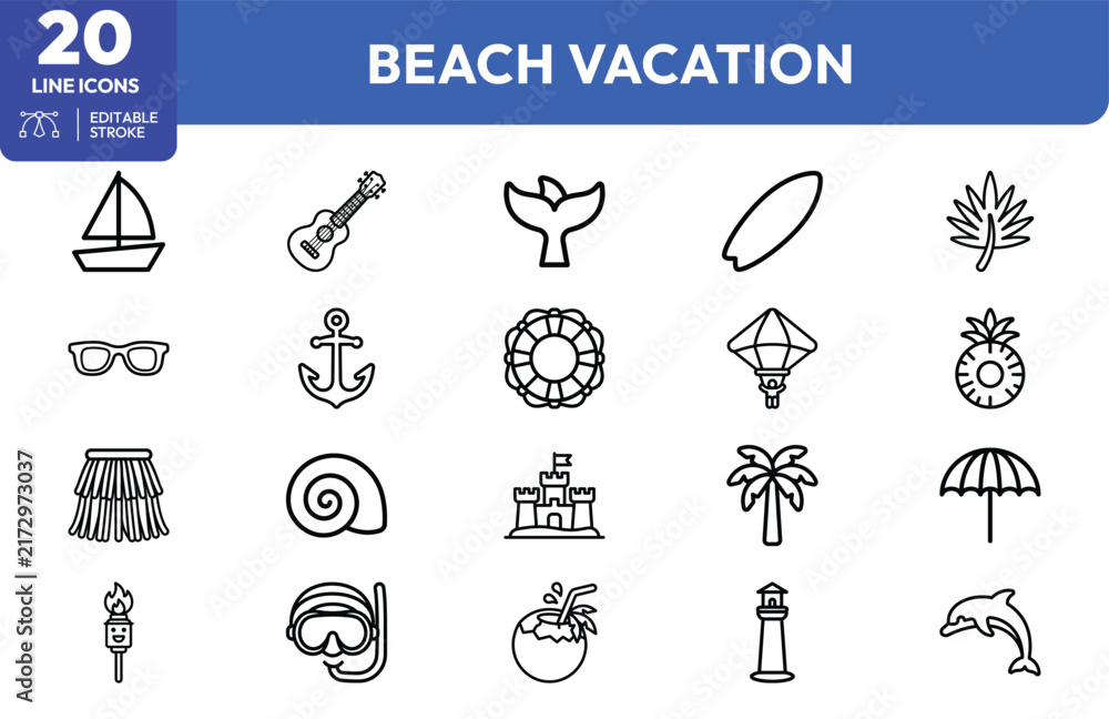 Naklejka premium Beach Holiday sailboat, guitar, whale, surfboard, palm, drink, umbrella, snorkel, seashell. Editable stroke. Vector illustration.
