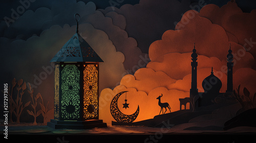Islamic Ramadan Night Landscape with Glowing Lantern, Crescent Moon and Mosque Silhouette Illustration
