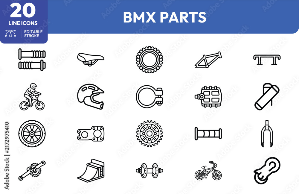 Fototapeta premium Components bike, wheel, chain, handlebar, frame, ramp, peg, grip, stunt, cycling. Editable stroke. Vector illustration.