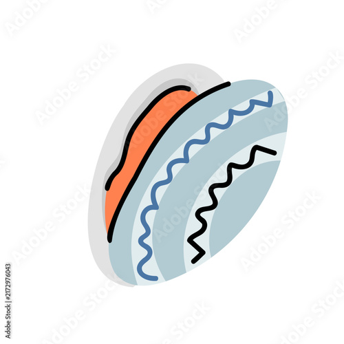 Cute flat illustration of a closed grey blue mussel clam shell isolated on white background for seafood design and restaurant menu decor