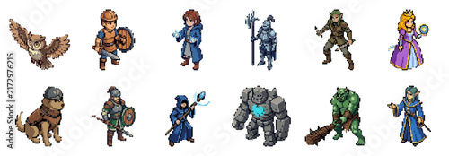 Bild auf Leinwand Pixel art characters set including owl warrior mage knight elf queen dog spear f