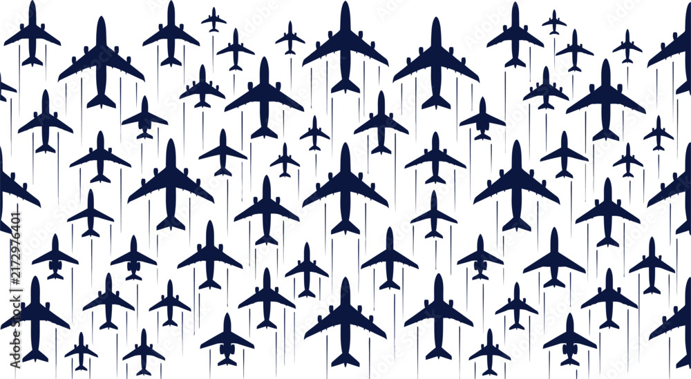 Fototapeta premium Airplane silhouettes pattern vector illustration with flying aircraft and speed trails background concept