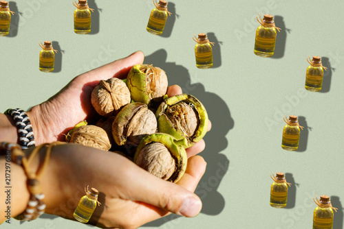 Liquid Gold: Dynamic Levitation Pattern of Walnut Oil Bottles and Farmer Hands