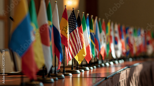 Row of small international flags lined up on a conference table under warm indoor lighting. Ideal for global summits and diplomatic relations concepts.