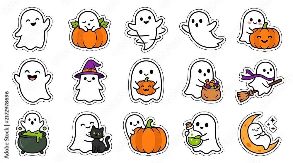 Fototapeta premium Set of cute hand drawn ghost characters for halloween celebration with pumpkins and festive holiday elements