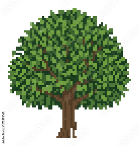 Fotografie Pixel art tree with dense green foliage and brown trunk