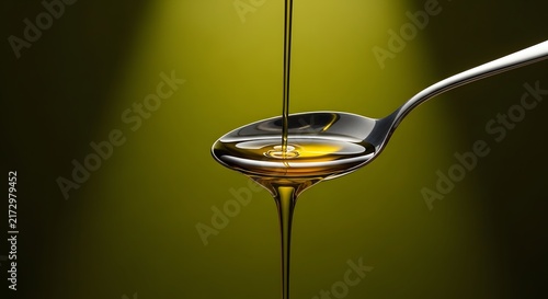 Golden olive oil pouring into a metal spoon against a dark green background for culinary concepts