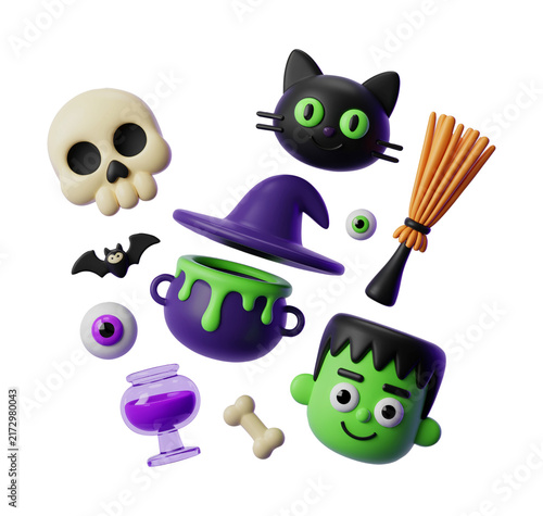 Cute 3D Halloween Clipart Collection with Black Cat Skull Witch Hat Cauldron Frankenstein Broom and Flying Bat