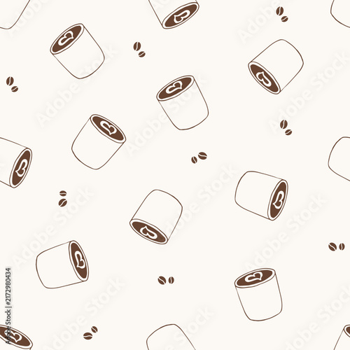 Seamless pattern with coffee cups featuring heart-shaped latte art and scattered coffee beans