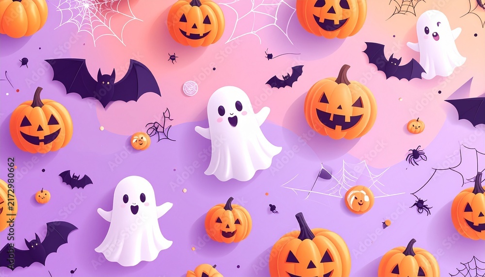 Fototapeta premium ハロウィーン背景パターン、かわいいオバケとかぼちゃとコウモリ、シームレスデザイン