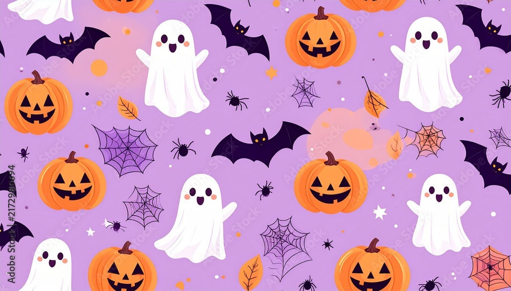 Fototapeta premium ハロウィーン背景パターン、かわいいオバケとかぼちゃとコウモリ、シームレスデザイン