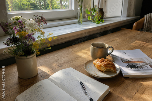 Cozy breakfast table by the window with coffee and croissant