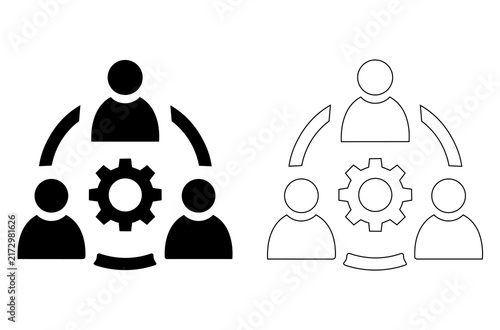 Teamwork and collaboration icon set with gear and people vector illustration, editable stroke