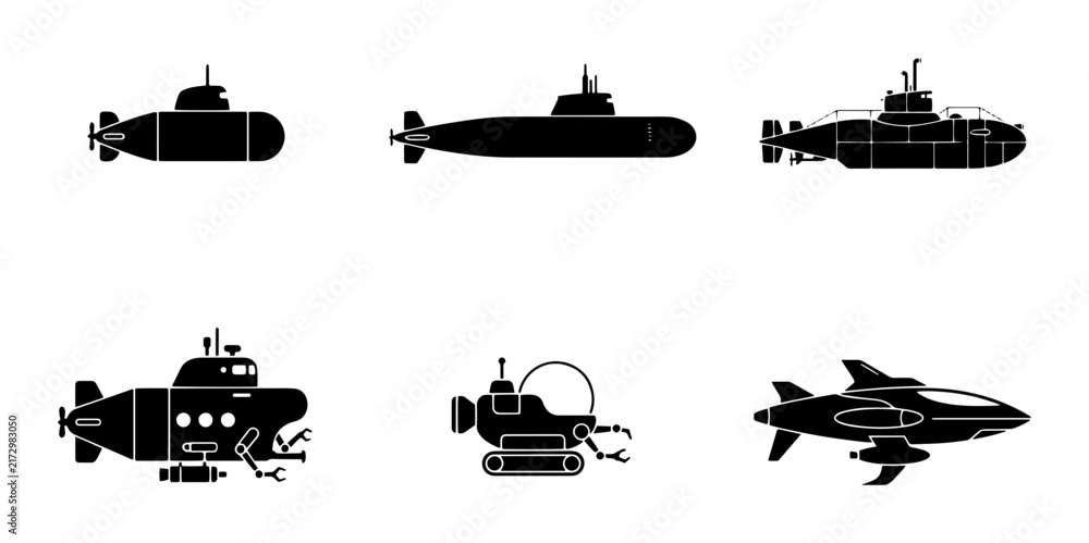 Fototapeta premium 70 Submarine Vector Icons Set, Underwater Vehicles Collection, Nautical Transportation Graphics, Marine Technology Symbols 100