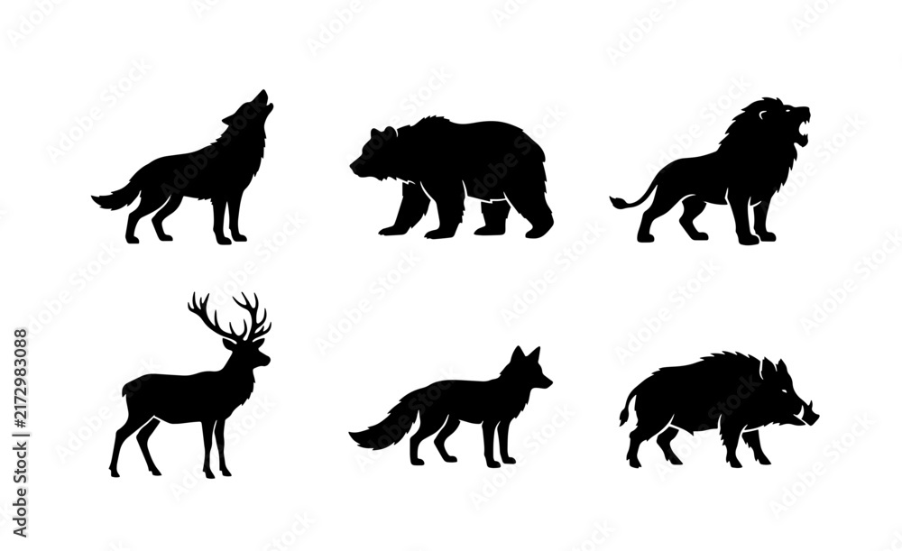 Obraz premium 70 Wild Animal Silhouettes Collection: Howling Wolf, Bear, Lion, Deer, Fox, and Boar Vector Icons for Nature and Wildlife Designs 100