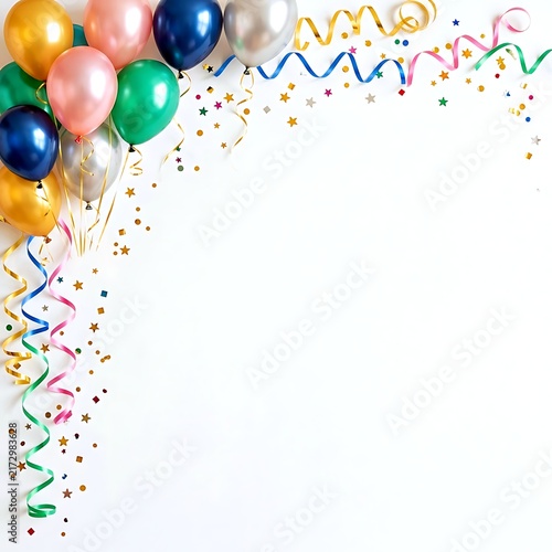 Birthday party corner border composition with colorful balloons and confetti