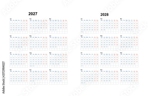 Plain 2027 2028 Calendar Spread, minimal two year layout with quarterly month rows