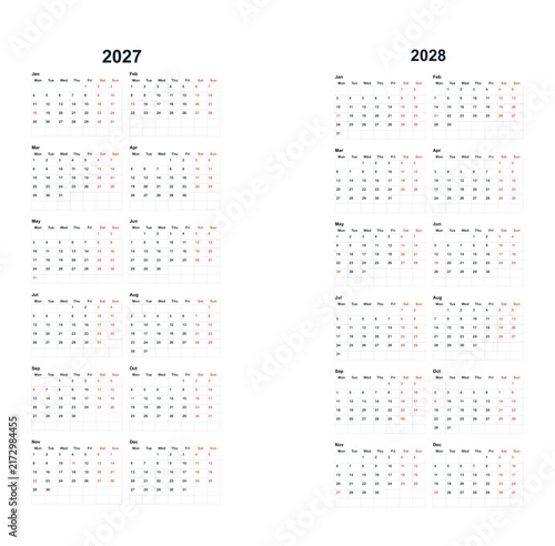Square 2027 2028 Calendar, two year portrait planner with stacked six row grids