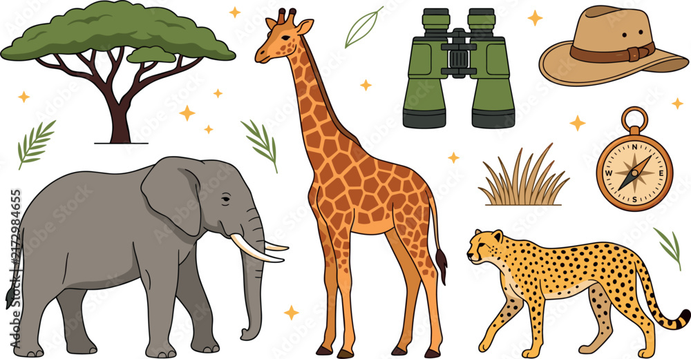 Obraz premium African Safari Animals and Adventure Equipment Vector Illustration Set with Elephant and Giraffe