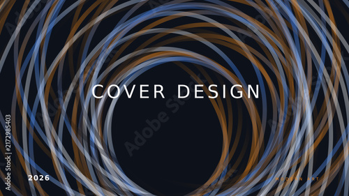 Abstract cover design template with concentric blue and orange lines, 2026 dark background, geometric circular wave pattern for editorial prints