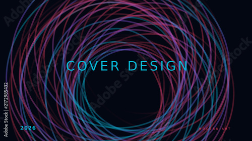 Abstract cover design template. Glowing neon circles with cyan and magenta lines. Dark background and artistic typography. Vector illustration for magazine, book, or album art.