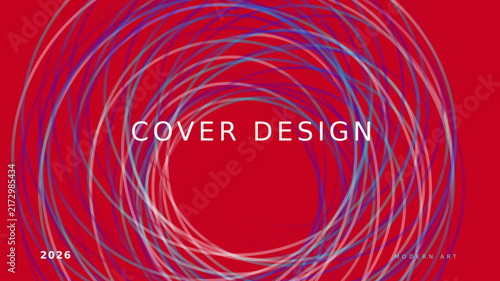 Abstract red background with blue and white spiral lines, cover design concept, creative layout for magazine, booklet or brochure template.