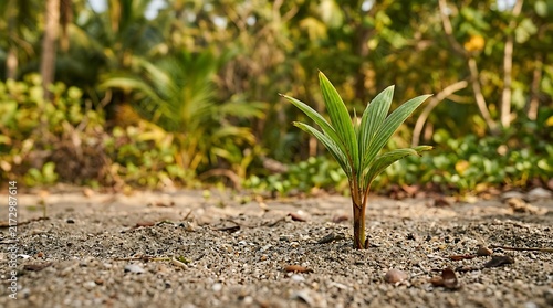 A small coconut palm seedling growing in sandy soil on a beach with lush tropical plants behind it