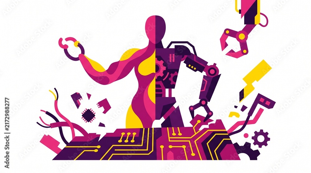 Fototapeta premium Flat Illustration of Split Human and Robot Figure Interacting with a Circuit Board