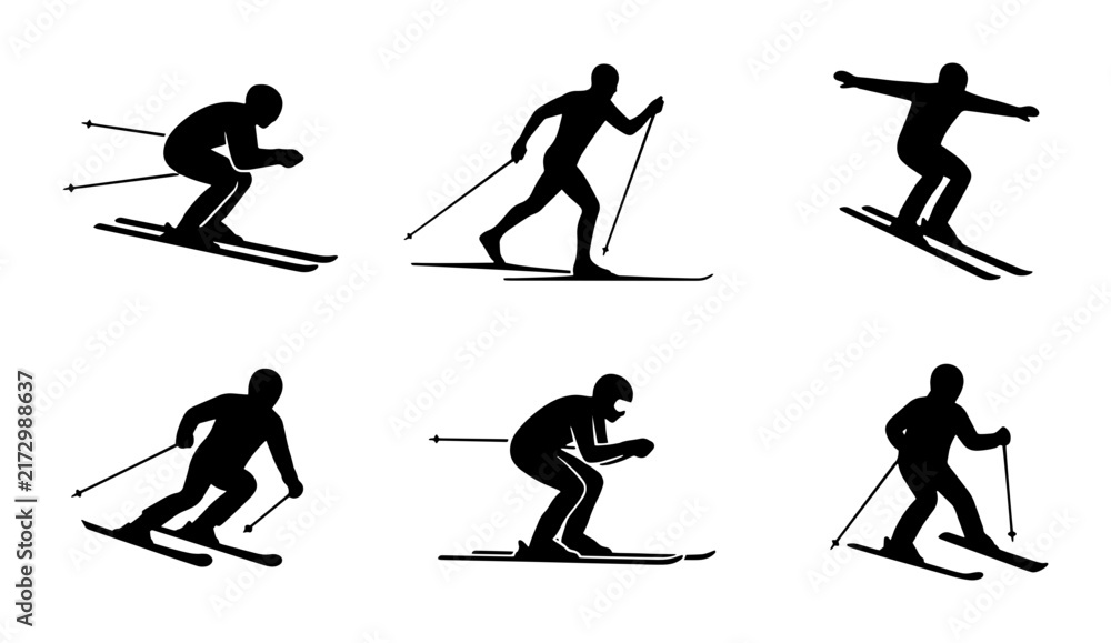 Fototapeta premium 70 Cross-Country Skiing Silhouettes, Nordic Skiing Action Poses, Winter Sports Vector Icons, Athlete Motion Graphics, Outdoor Activity Set, Skiing Equipment Illustration 100