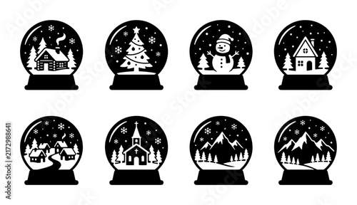 Bild auf Leinwand 70 Vector Snow Globe Icons Set: Winter Scenes, Christmas Tree, Snowman, Village,