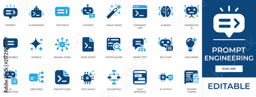 Prompt engineering icon set featuring artificial intelligence language, machine learning instruction, coding command technology, computing system generation, and input research symbols.