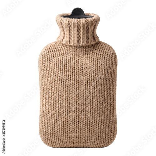 Hot water bottle in beige knitted cover
