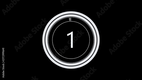 5 second countdown timer, digital circular animation from 5 to 0 seconds on black background. Simple 5-second countdown timer for movies, start intro and video