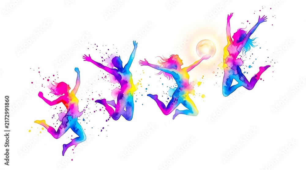 Obraz premium Abstract colorful figures jumping in celebration with vibrant paint splash effects
