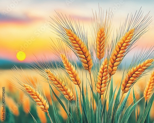 Golden wheat sunset vector minimal ear of barley icon boho natural product emblem design illustration