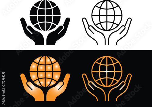 WebEarth Globe in Caring Hands Icon Set for Global Protection Ecology and Environmental Conservation