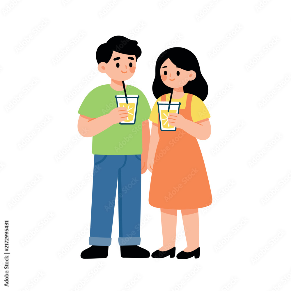 Fototapeta premium Young couple holding cups of yellow beverage with straws and smiling at each other