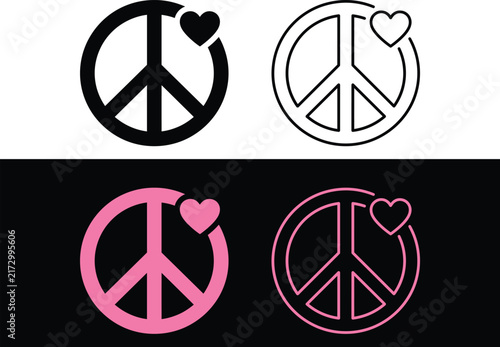 WebPeace and Love Symbol Icon Set with Hippie Peace Sign and Heart Shape for Harmony Freedom and Pacifism