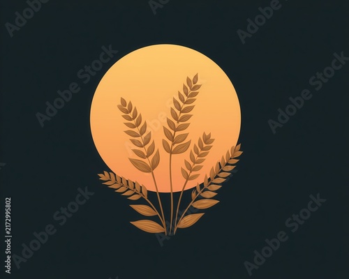 Sunset wheat field minimal vector icon ear of barley botanical emblem aesthetic golden hour logo design
