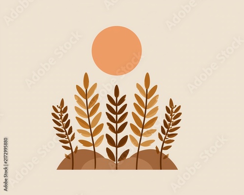 Wheat sunset vector minimal ear of grain icon golden hour wheat field logo boho emblem illustration