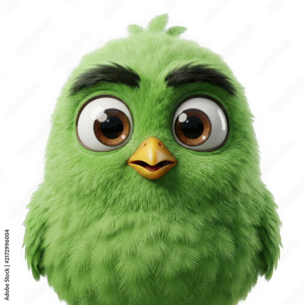 Fototapeta premium Cute fluffy green bird character with large expressive eyes and thick eyebrows isolated on transparent background